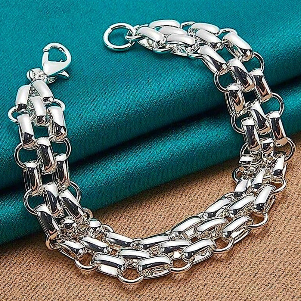 Sterling Silver Chain Link Cuban Mesh Lattice Stamped 925 Bracelet
